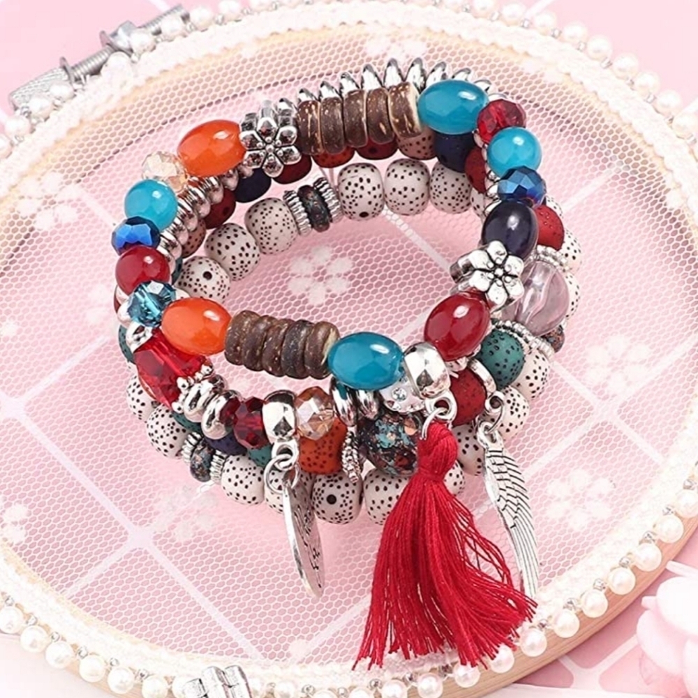 Boho 4PC Beaded Bracelet Set Charm Tassel Wing Stack Stretch Colorful NWT - Picture 3 of 6